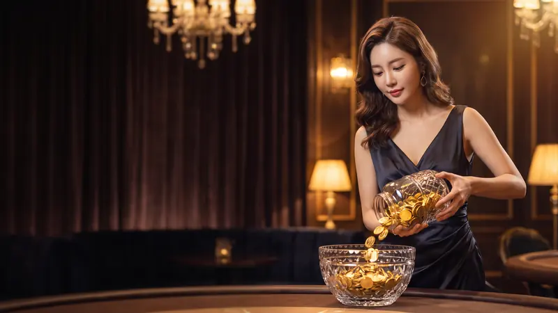 컬러 블록 카지노 배경에서 크리스털 병에 금화를 담는 여성 – 레고카지노 무한 입금 플러스